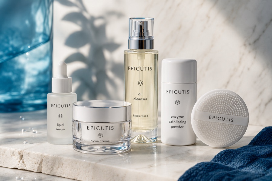 Epicutis medical-grade skincare line: lipid serum, hyvia creme, oil cleanser, and enzyme exfoliating powder